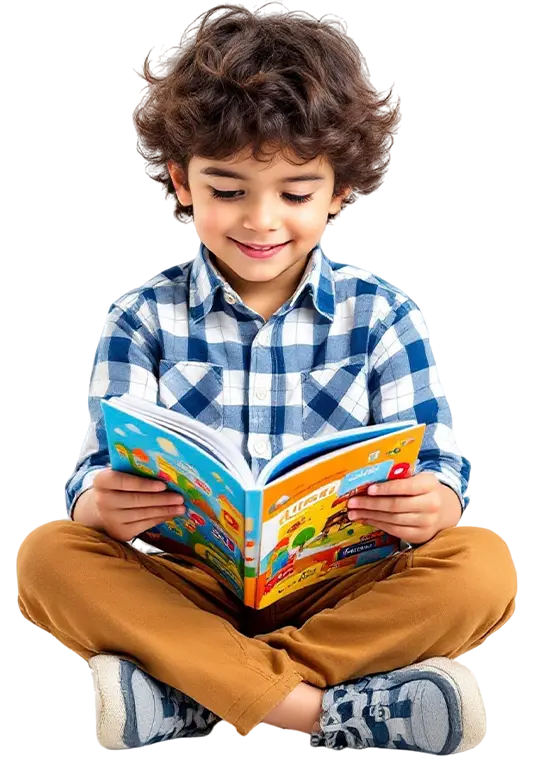 Criança lendo um livro da coleção Mundo Mágico