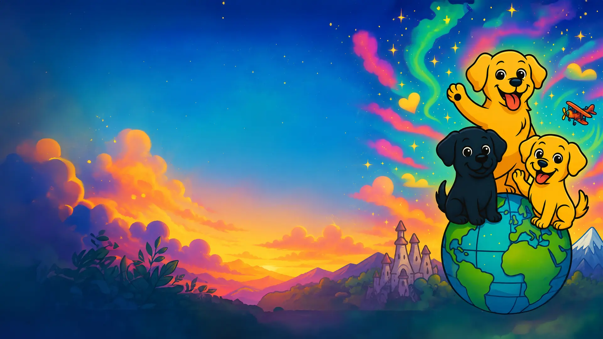 Filhotes explorando um universo mágico e colorido